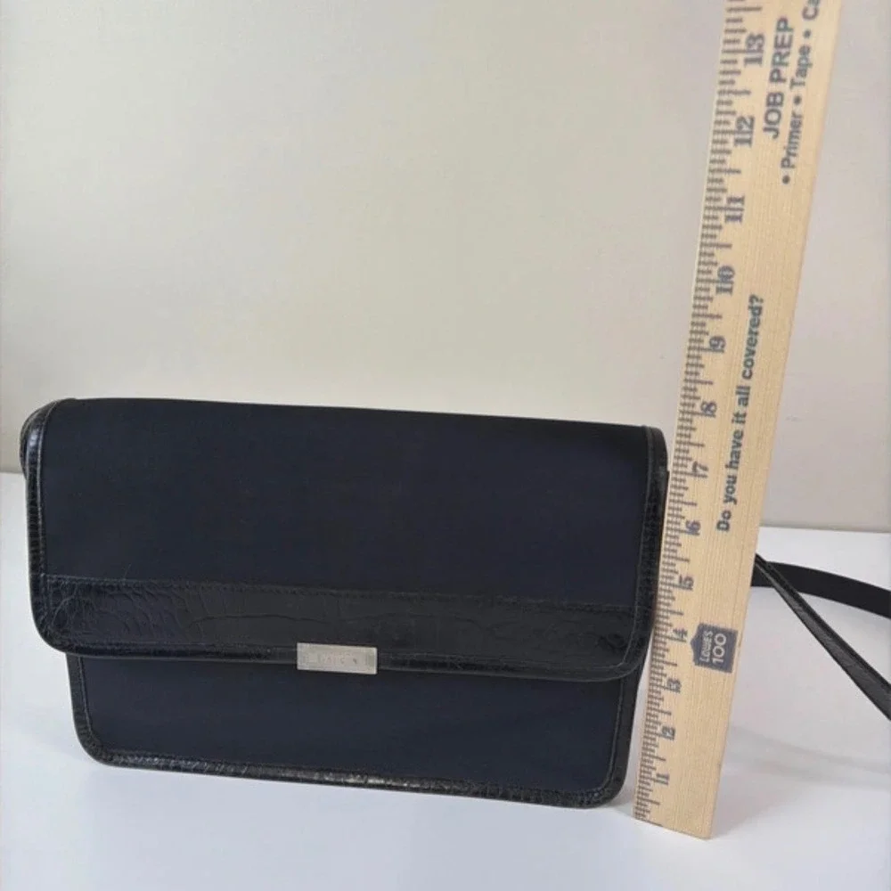 Lauren Ralph Lauren Black Nylon Croc Trim Crossbody Flap Bag Silver Logo Plaque